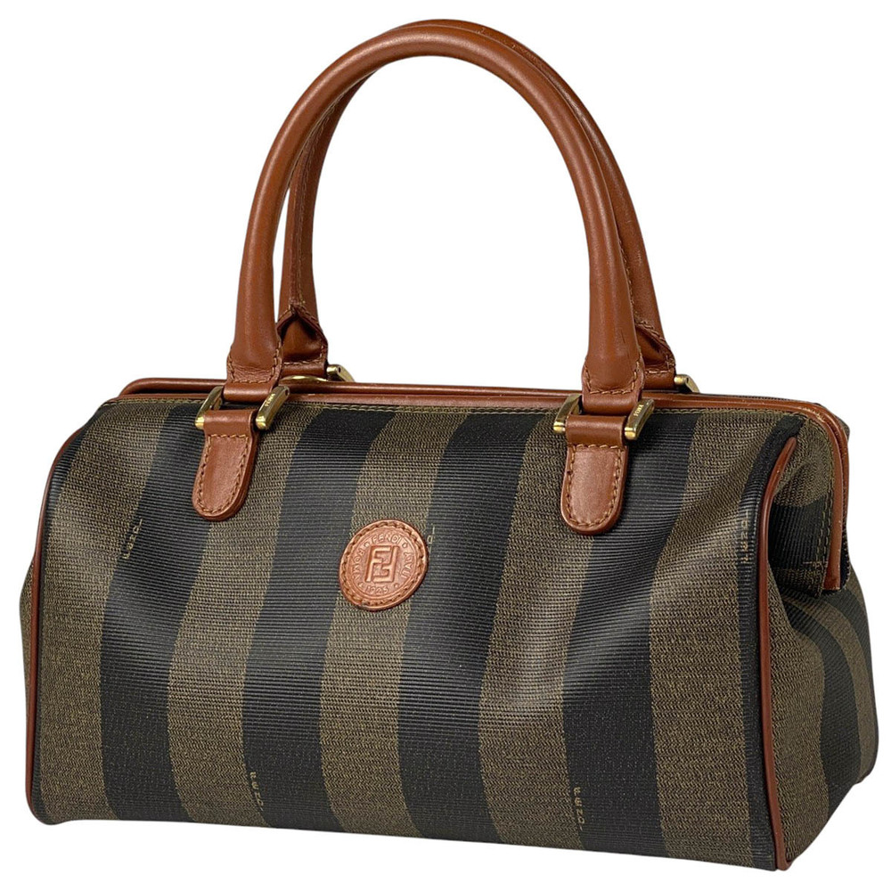 Fendi Pequin Handbag Boston Canvas Brown